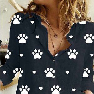 Black Shirts Button Down Paw Print Top Lady Loose Long Sleeve